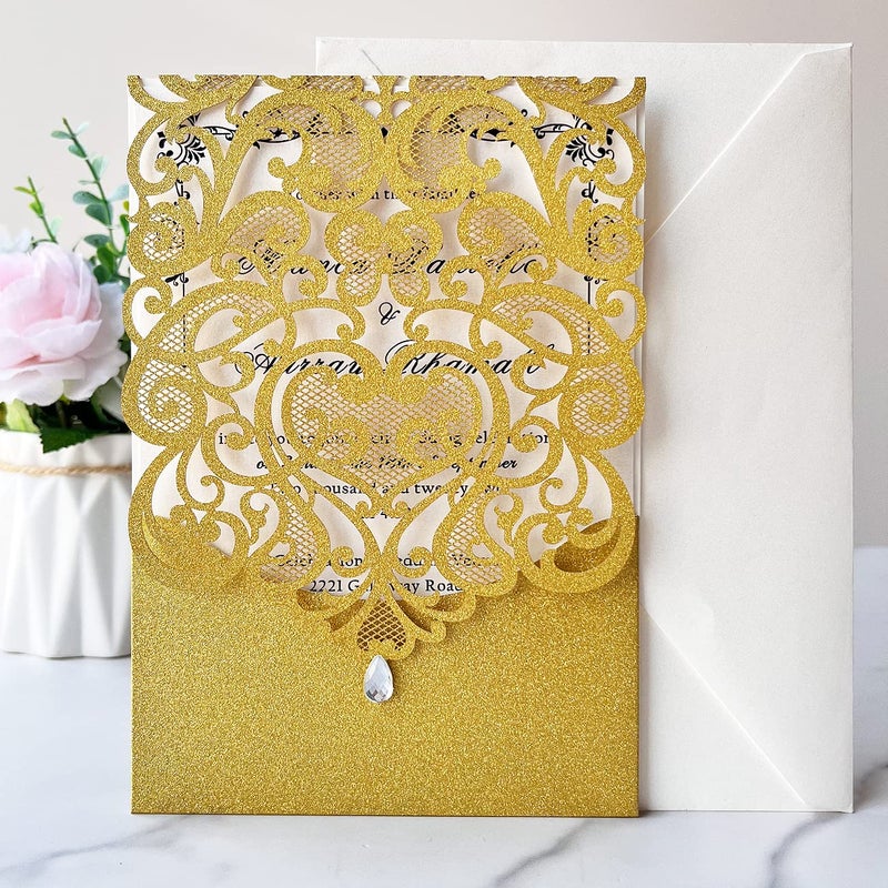 Hosmsua 50PCS Blank Wedding Invitation Cards 5 x 7.3 Inch Gold Laser Cut Hollow Heart Floral Invitation with Rhinestone pockets invitations for Engagement Quinceanera Invite (Gold Glitter) - Image 2